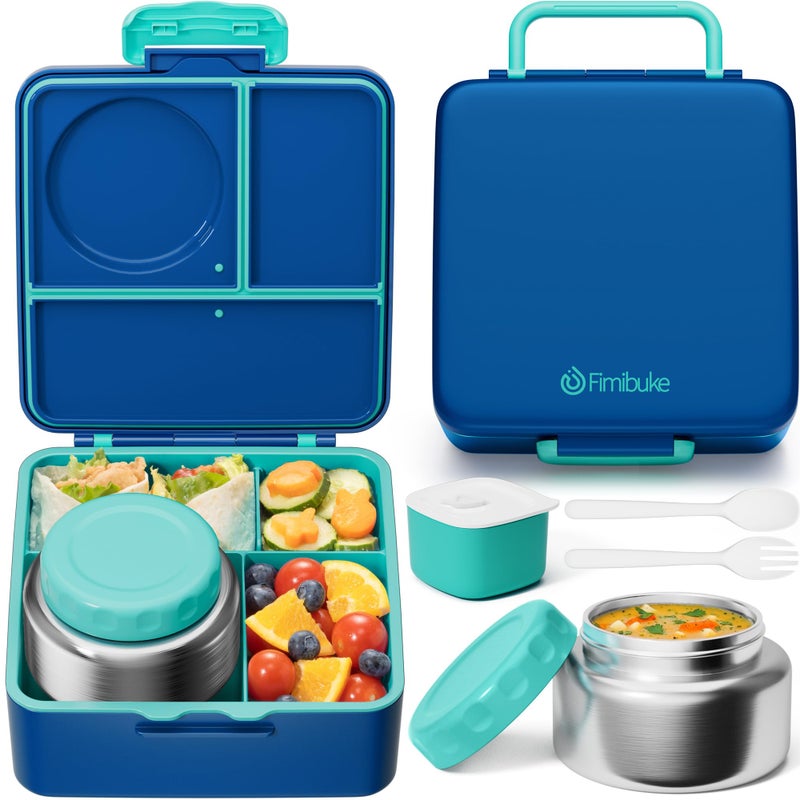 Fimibuke Bento Box for Kids Adult, BPA Free & Leakproof Toddler Lunch Box with 8.5oz Insulated Food Jar, Utensils & Sauce Jar, Dishwasher Safe 3 or 4 Compartment Container for School Girl Boy - Image 1