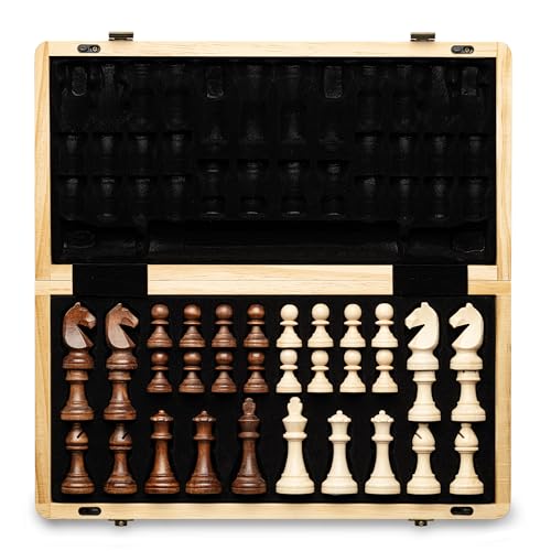 a&a AA 15 inch Foldable Wooden Magnetic Chess Set w 3 inch King Height Staunton Chess Pieces  Pine Box wWalnut  Maple Inlay - Image 1