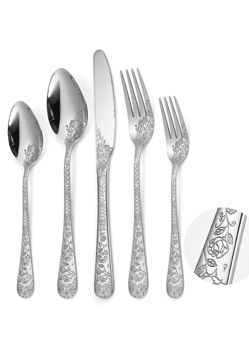 Excefore Floral Silverware Set, 5 Silvery Flatware Stainless Steel with Delicate Engraved Rose Flower Embossed Design Complete Cutlery Utensils for Home Everyday Use Festival Parties - Image 1