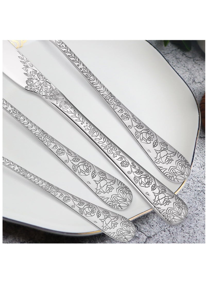 Excefore Floral Silverware Set, 5 Silvery Flatware Stainless Steel with Delicate Engraved Rose Flower Embossed Design Complete Cutlery Utensils for Home Everyday Use Festival Parties - Image 5