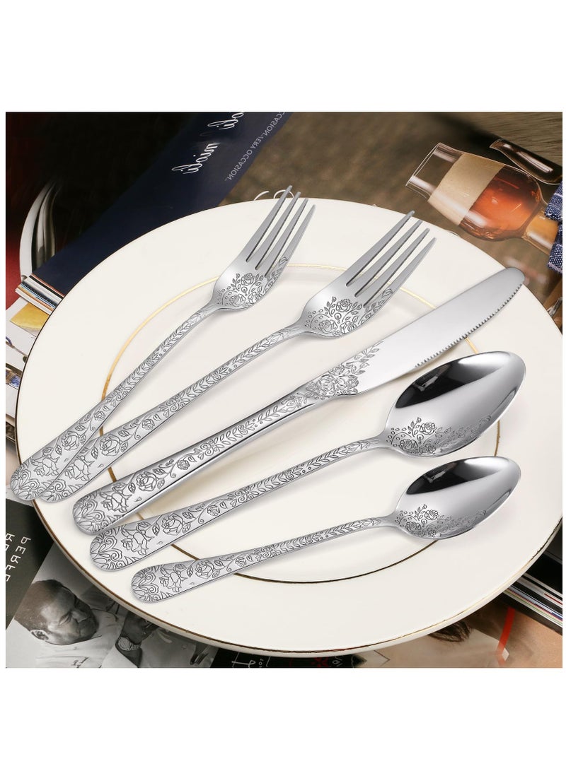 Excefore Floral Silverware Set, 5 Silvery Flatware Stainless Steel with Delicate Engraved Rose Flower Embossed Design Complete Cutlery Utensils for Home Everyday Use Festival Parties - Image 2