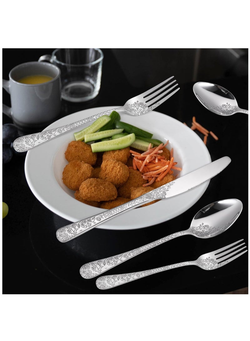 Excefore Floral Silverware Set, 5 Silvery Flatware Stainless Steel with Delicate Engraved Rose Flower Embossed Design Complete Cutlery Utensils for Home Everyday Use Festival Parties - Image 3