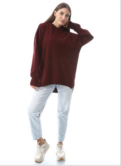Andora Wind Red High-Low Knitted Hoodie_Red 