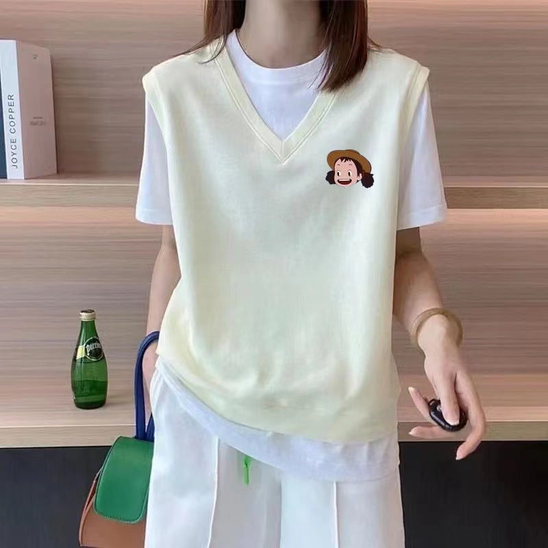 Fake Two-Piece Design Niche Short-Sleeved T-Shirt Women'S Loose Color Matching Top European Station Women'S Clothing - Image 4