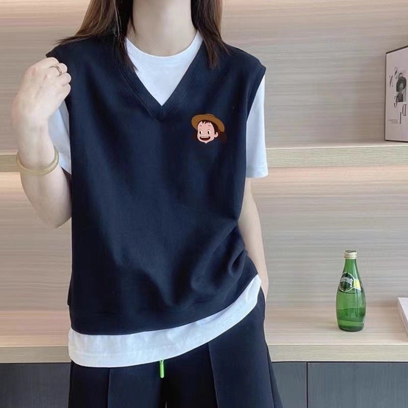 Fake Two-Piece Design Niche Short-Sleeved T-Shirt Women'S Loose Color Matching Top European Station Women'S Clothing - Image 3