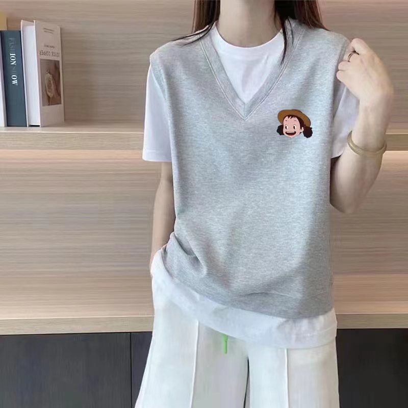 Fake Two-Piece Design Niche Short-Sleeved T-Shirt Women'S Loose Color Matching Top European Station Women'S Clothing - Image 2