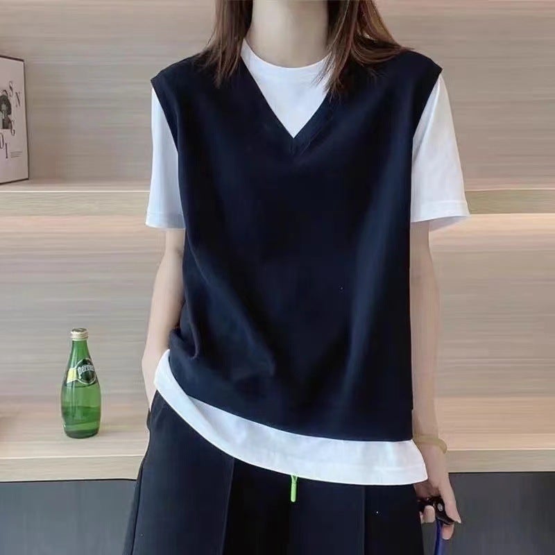 Fake Two-Piece Design Niche Short-Sleeved T-Shirt Women'S Loose Color Matching Top European Station Women'S Clothing - Image 1