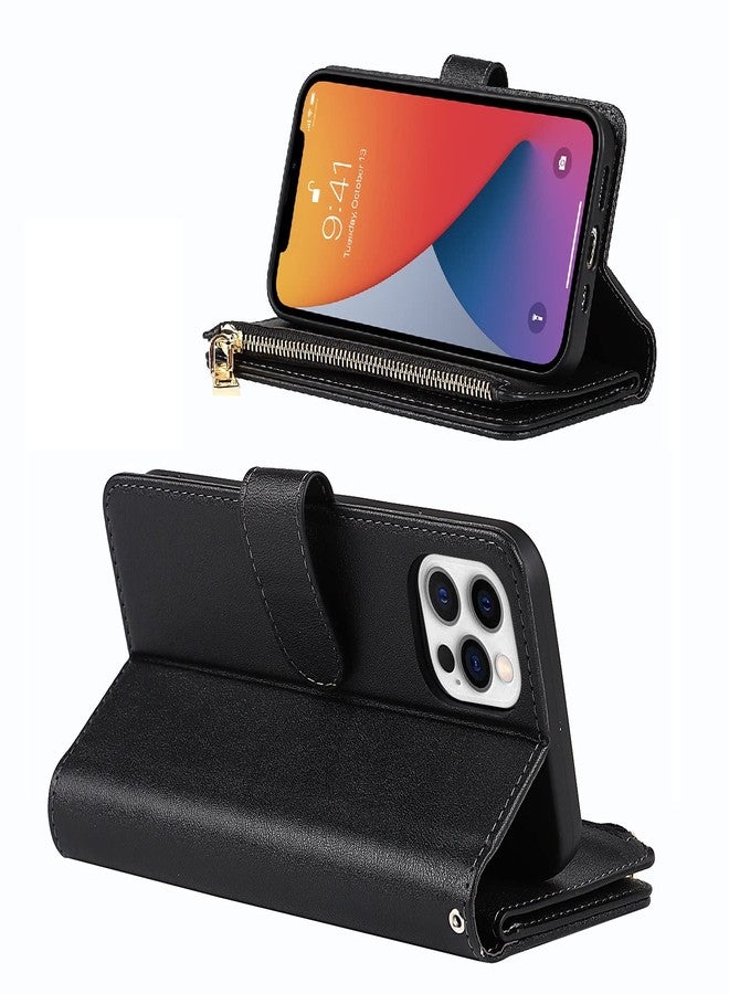 Jaorty Wallet Case Compatible with iPhone 12 Pro/iPhone 12 Case,[9 Card Slots] [Wrist Strap] [Stand Feature] Zipper Cash Pocket Magnetic Leather Cover Shockproof Slim Case for iPhone 12 Pro,6.1" Black - Image 3