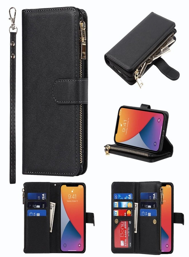 Jaorty Wallet Case Compatible with iPhone 12 Pro/iPhone 12 Case,[9 Card Slots] [Wrist Strap] [Stand Feature] Zipper Cash Pocket Magnetic Leather Cover Shockproof Slim Case for iPhone 12 Pro,6.1" Black - Image 1