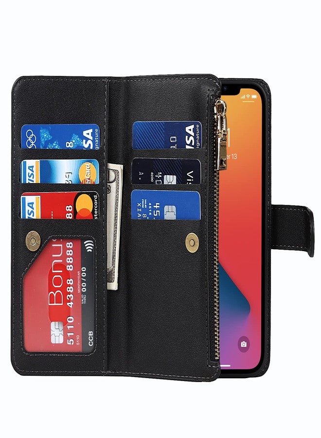 Jaorty Wallet Case Compatible with iPhone 12 Pro/iPhone 12 Case,[9 Card Slots] [Wrist Strap] [Stand Feature] Zipper Cash Pocket Magnetic Leather Cover Shockproof Slim Case for iPhone 12 Pro,6.1" Black - Image 5