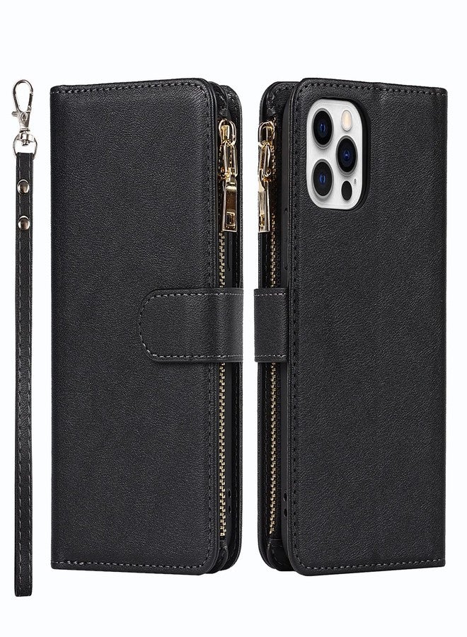 Jaorty Wallet Case Compatible with iPhone 12 Pro/iPhone 12 Case,[9 Card Slots] [Wrist Strap] [Stand Feature] Zipper Cash Pocket Magnetic Leather Cover Shockproof Slim Case for iPhone 12 Pro,6.1" Black - Image 2