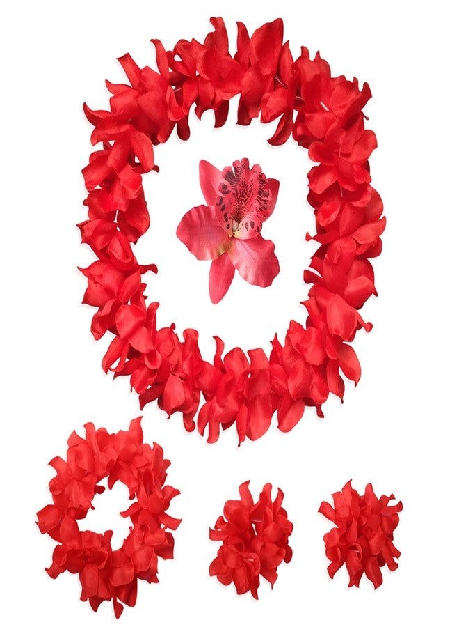 YAXAMING Hawaiian Leis Headband Wristbands Flower Hair Clips Luau Tropical Women Necklace Headpiece Hair Bands Hairband Bracelets Summer Beach Pool Cosplay Dress Up Birthday Party Decorations Supplies Red - Image 1