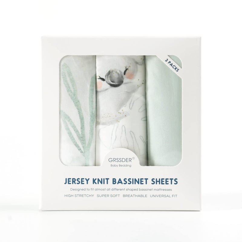 GRSSDER Stretch Ultra Soft Fitted Bassinet Sheets 3 Pack, Universal Fit for Bassinets Baby Cradle Moses Basket Oval Rectangle Mattress Safe and Snug, Stylish Watercolor Animals for Baby, Mint Green - Image 4