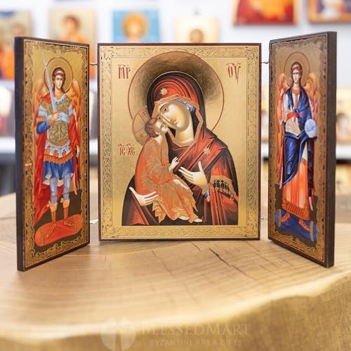 BlessedMart Orthodox Triptych Icon Folding Wooden Byzantine Icon Christian Religious Home Decor Gift Theotokos Tenderness - Image 3