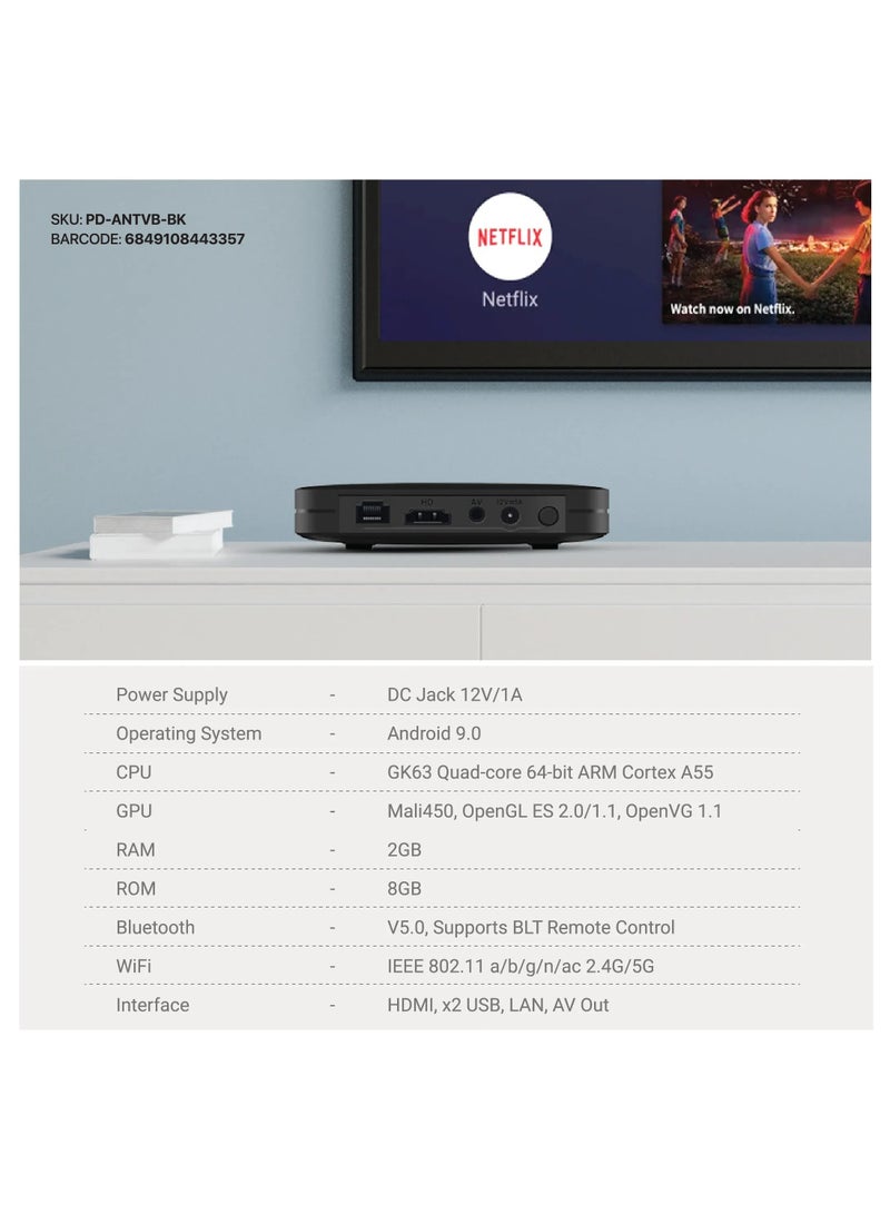 porodo Android TV Box Video Streaming 1080 Full HD / 2GB RAM / 8GB ROM / Support 4K /  Voice Command / USB Flash & Connectivity - Black - Image 2