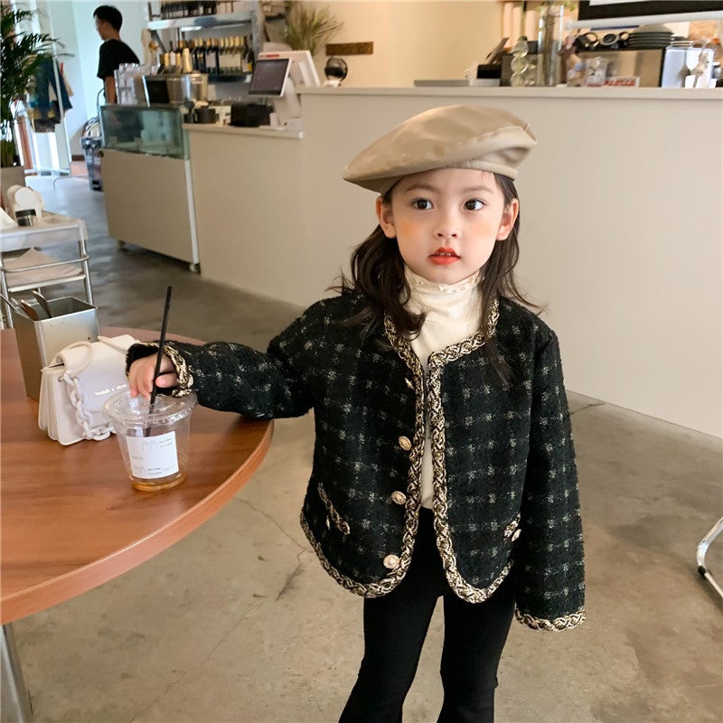 2023 Spring Girls Jacket Chic Short Plaid Cardigan Spring and Autumn-no cotton 