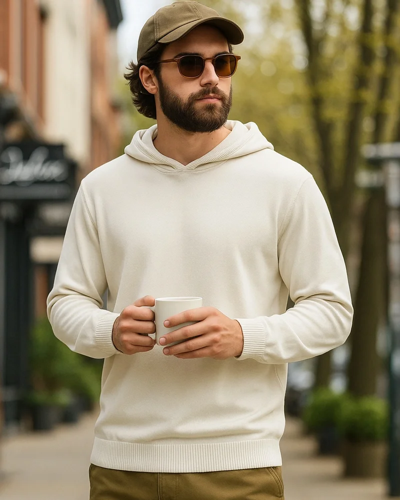 bewakoof Men's Gardenia Oversized Hooded Flatknit Sweater