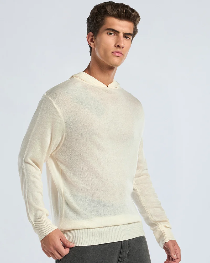 bewakoof Men's Gardenia Oversized Hooded Flatknit Sweater