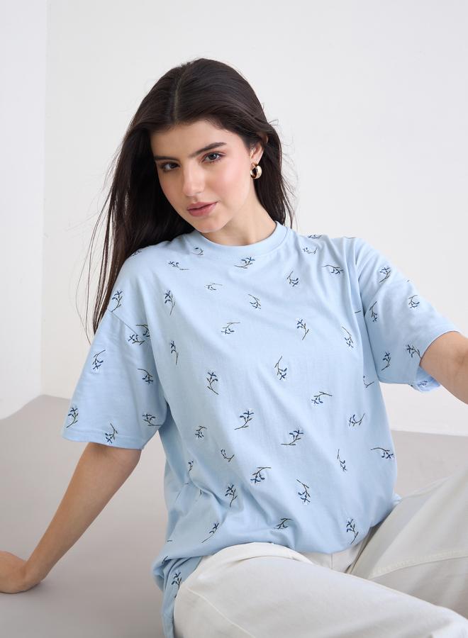 Styli Blue Embroidered Floral Oversized T-Shirt - Image 3