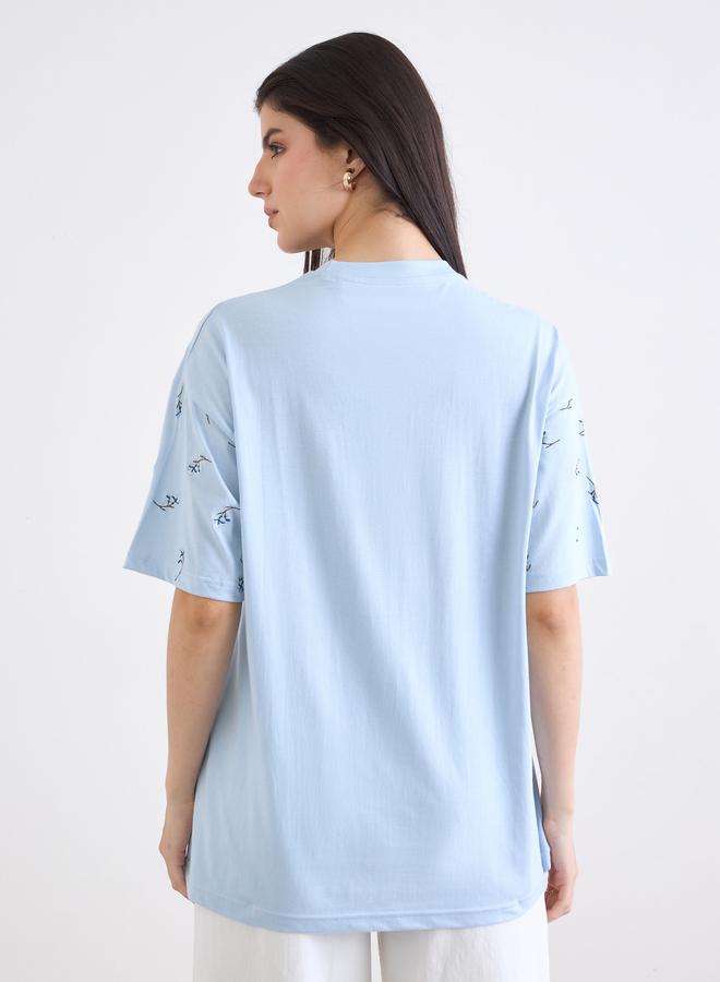 Styli Blue Embroidered Floral Oversized T-Shirt - Image 5
