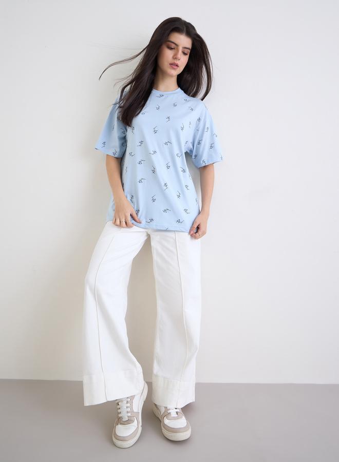 Styli Blue Embroidered Floral Oversized T-Shirt - Image 2