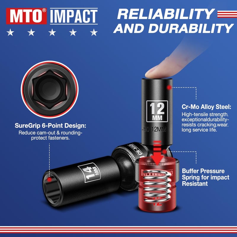 MTO 10-Piece 3/8-Inch Drive Deep Universal Impact Socket Set, Metric (10-19mm) Swivel Socket Set with Embossed and Painted Marking, 6-Point Design CR-MO Steel - Image 5