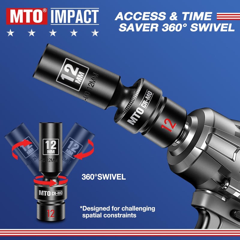 MTO 10-Piece 3/8-Inch Drive Deep Universal Impact Socket Set, Metric (10-19mm) Swivel Socket Set with Embossed and Painted Marking, 6-Point Design CR-MO Steel - Image 4