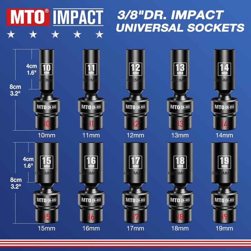 MTO 10-Piece 3/8-Inch Drive Deep Universal Impact Socket Set, Metric (10-19mm) Swivel Socket Set with Embossed and Painted Marking, 6-Point Design CR-MO Steel - Image 2