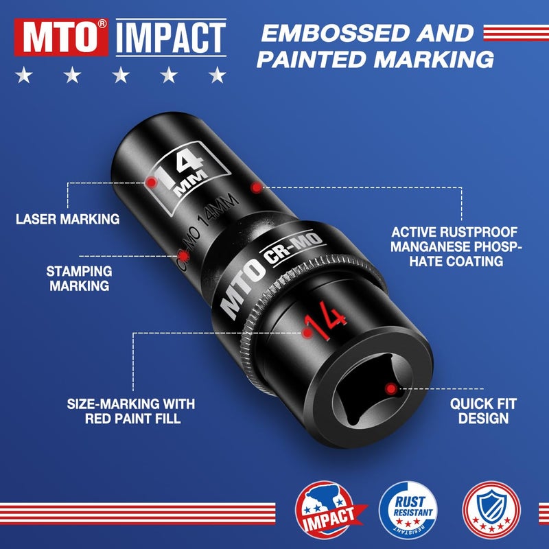 MTO 10-Piece 3/8-Inch Drive Deep Universal Impact Socket Set, Metric (10-19mm) Swivel Socket Set with Embossed and Painted Marking, 6-Point Design CR-MO Steel - Image 3