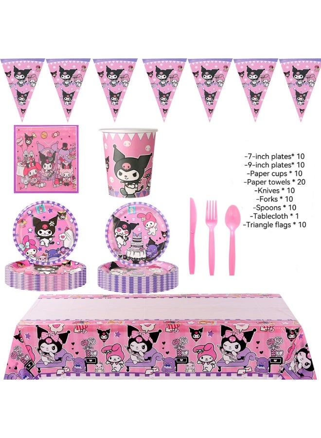 91 PCS Birthday Party Plates - Kuromi Themed Party Decoration Set, suitable for children. Birthday party supplies include birthday tablecloths, triangular flags, plates, napkins, paper cups, knives and forks, spoons for parties, and baby showers - Image 1