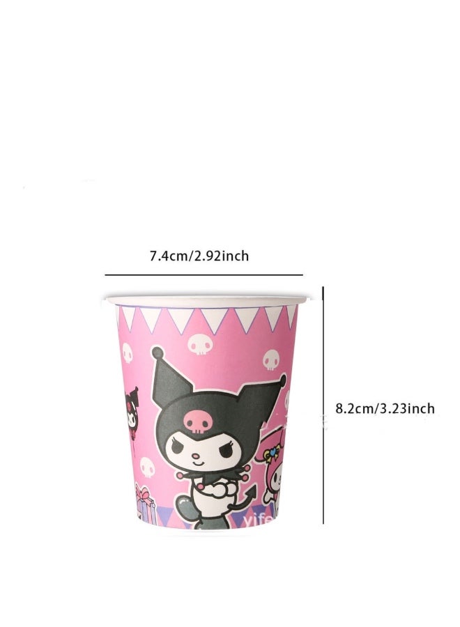91 PCS Birthday Party Plates - Kuromi Themed Party Decoration Set, suitable for children. Birthday party supplies include birthday tablecloths, triangular flags, plates, napkins, paper cups, knives and forks, spoons for parties, and baby showers - Image 4