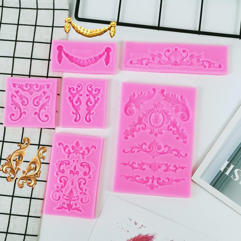 FMOACEN Baroque Style Silicone Molds, Curlicues Scroll Lace Fondant Molds, Vintage Relief Flower Mould Filigree 3D Clay Mold for Gummy Sugar Cookie Pastry Chocolate Mold for Clay Cupcake Topper Decor(6Pcs) - Image 4