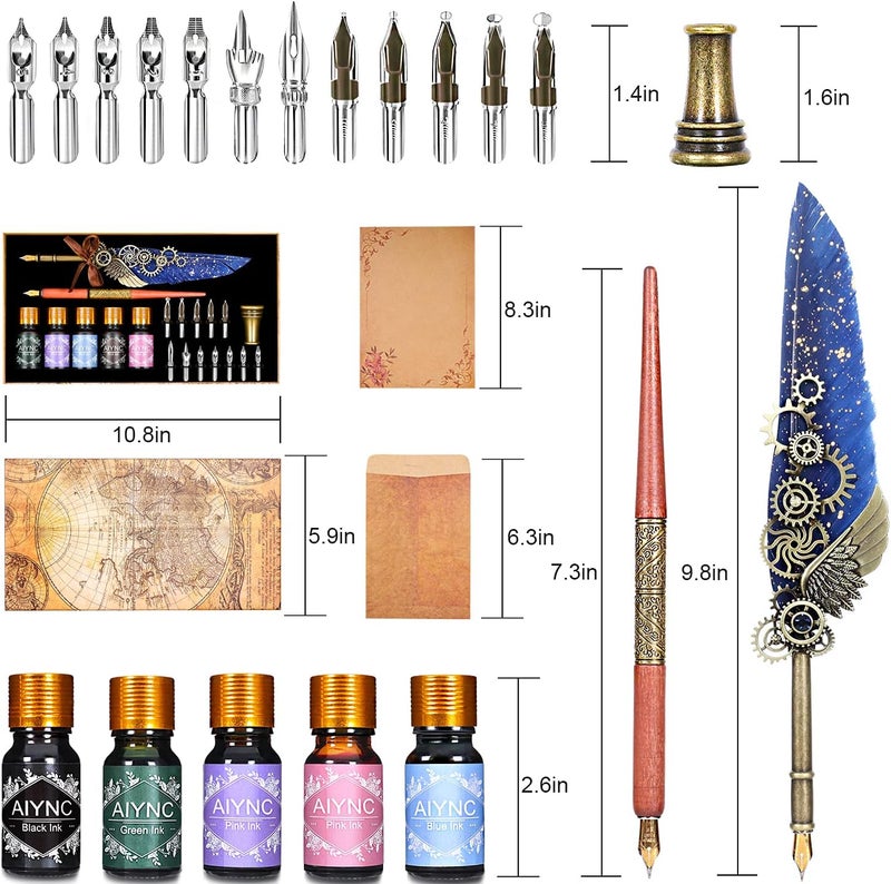 AIYNC Quill Pen and Ink Set, Feather Pen Ink Set Including Mechanical Feather Pen and Wooden Dip Pen, 5 Colors of Ink, 12 Replacement Nibs, Pen Holder, Envelope and Letter Paper (Blue) - Image 2