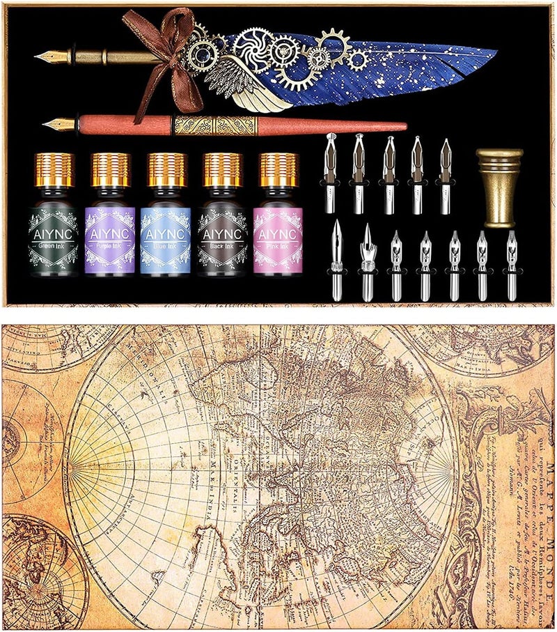 AIYNC Quill Pen and Ink Set, Feather Pen Ink Set Including Mechanical Feather Pen and Wooden Dip Pen, 5 Colors of Ink, 12 Replacement Nibs, Pen Holder, Envelope and Letter Paper (Blue) - Image 1
