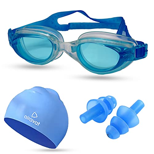 Airavat Swimming Kit, 0010 Swimming Set for Men & Women with Swimming Goggles Case, Swim Goggle, Earplugs & Swim Cap, Anti-Fog & UV Protected, High Elasticated with Silicone Material (Dark Blue) - Image 1