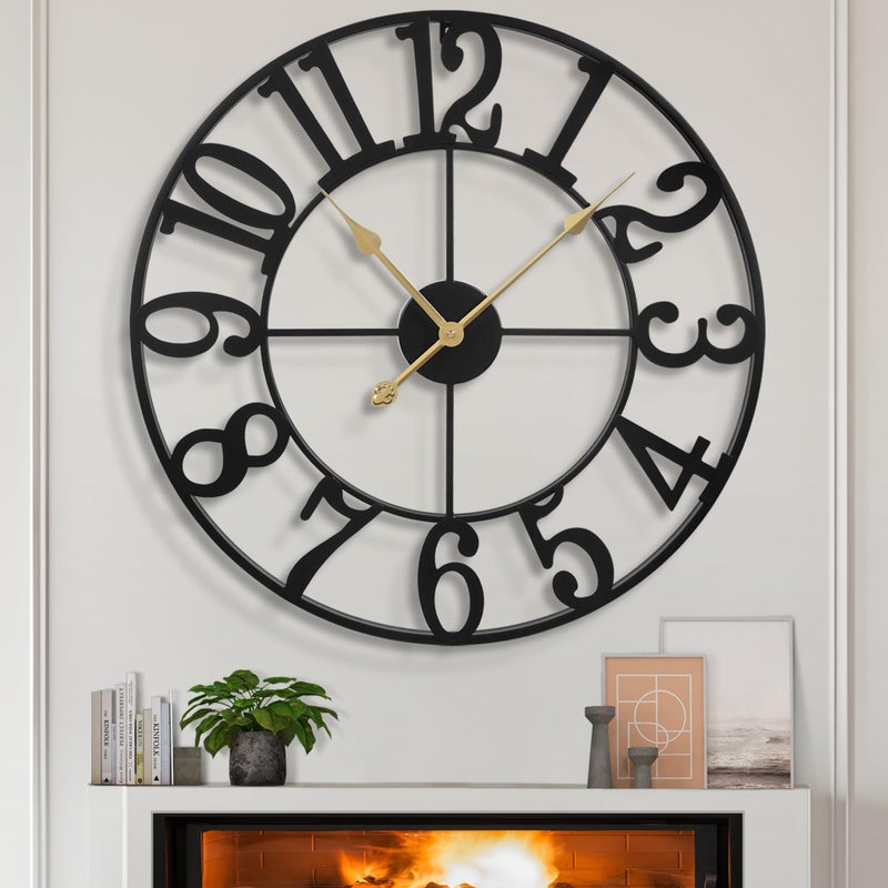 LEIKE Large Wall Clocks for Living Room,Silent,Non Ticking,Battery Operated Oversized Vintage Round Modern Metal Wall Clock for Bedroom,Farmhouse,Office Home Decor-24 Inch(Black-Arabic Number) - Image 1