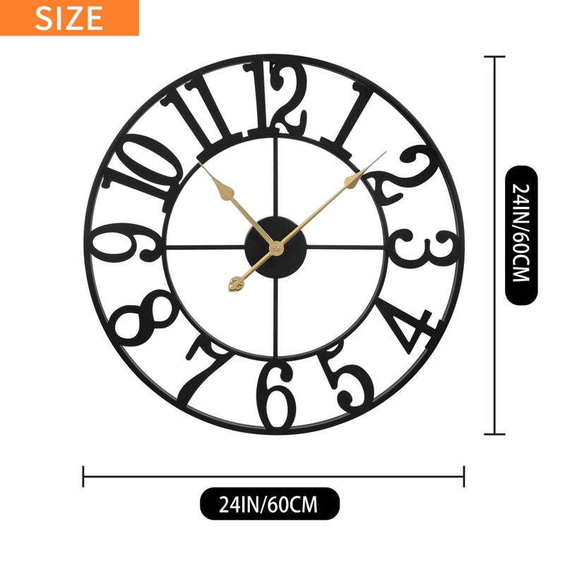 LEIKE Large Wall Clocks for Living Room,Silent,Non Ticking,Battery Operated Oversized Vintage Round Modern Metal Wall Clock for Bedroom,Farmhouse,Office Home Decor-24 Inch(Black-Arabic Number) - Image 3