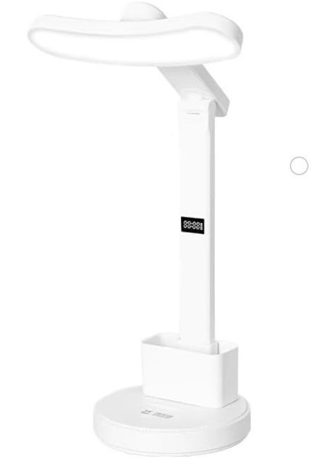 LED desk lamp with 3 light colors and digital time display. Comfortable lighting to protect the eyes. Foldable design with pencil case for office, study, and bedroom. - Image 1