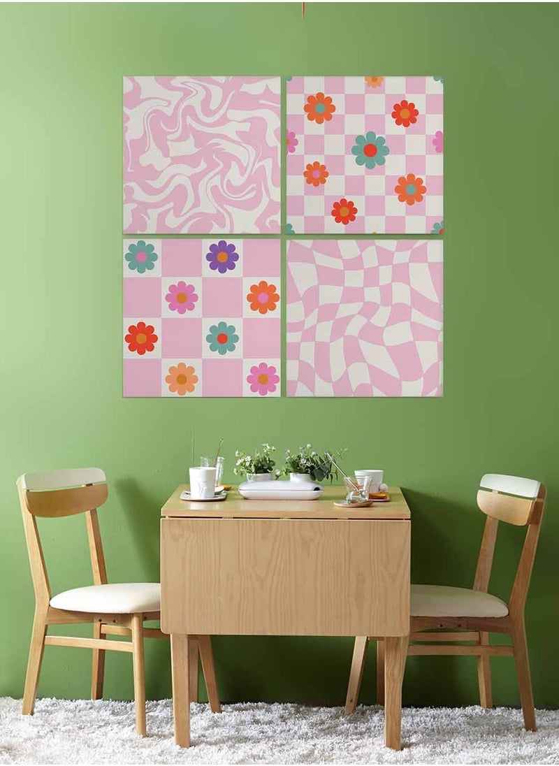 LOWHA Set Of 4 Framed Square Canvas Wall Arts Stretched Over Wooden Frame, Daisy Flowers with Wavy Swirl Painting, For Home, Living Room, Office Decor  - Image 1