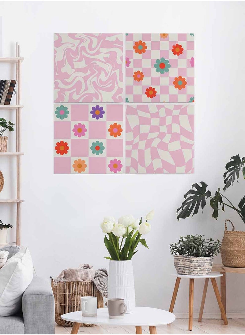 LOWHA Set Of 4 Framed Square Canvas Wall Arts Stretched Over Wooden Frame, Daisy Flowers with Wavy Swirl Painting, For Home, Living Room, Office Decor  - Image 3