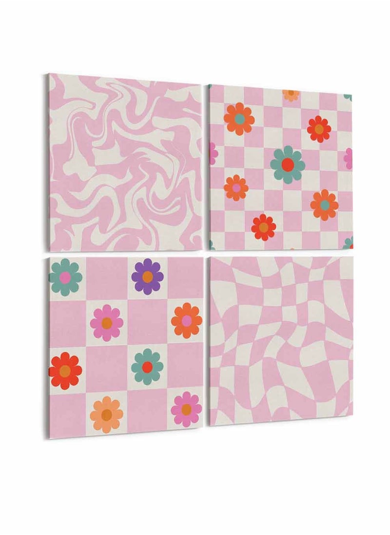 LOWHA Set Of 4 Framed Square Canvas Wall Arts Stretched Over Wooden Frame, Daisy Flowers with Wavy Swirl Painting, For Home, Living Room, Office Decor  - Image 4