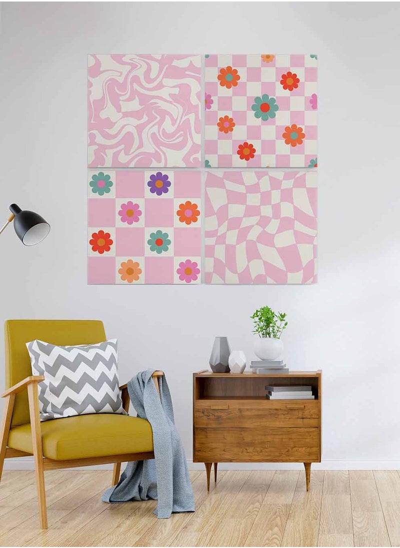LOWHA Set Of 4 Framed Square Canvas Wall Arts Stretched Over Wooden Frame, Daisy Flowers with Wavy Swirl Painting, For Home, Living Room, Office Decor  - Image 2
