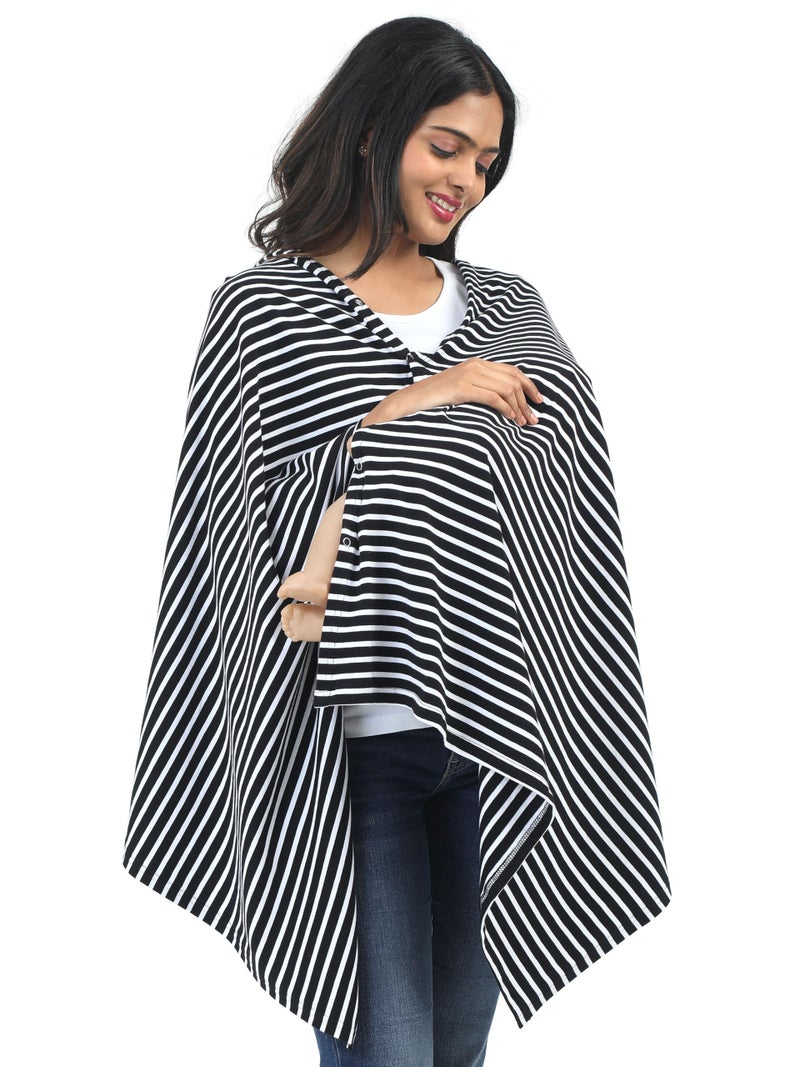 Kowsi Women Cotton Casual Style Soft Mother's Nursing & Feeding Shawl Feeding Cloak (Black Stripes) - Image 1