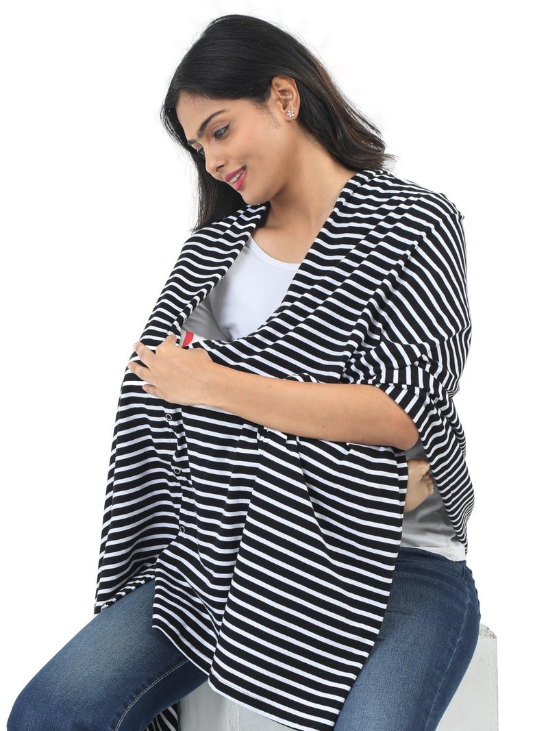 Kowsi Women Cotton Casual Style Soft Mother's Nursing & Feeding Shawl Feeding Cloak (Black Stripes) - Image 2