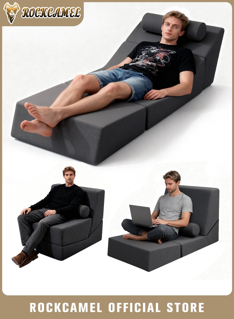 ROCKCAMEL 3-in-1 Super Elastic Sofa, Convertible Bed/Backrest Chair/Backrest Sofa, Breathable Linen Fabric, Detachable And Washable, Multi-Function Folding Couch Bed for Apartment/Bedroom/Office, Grey - Image 1