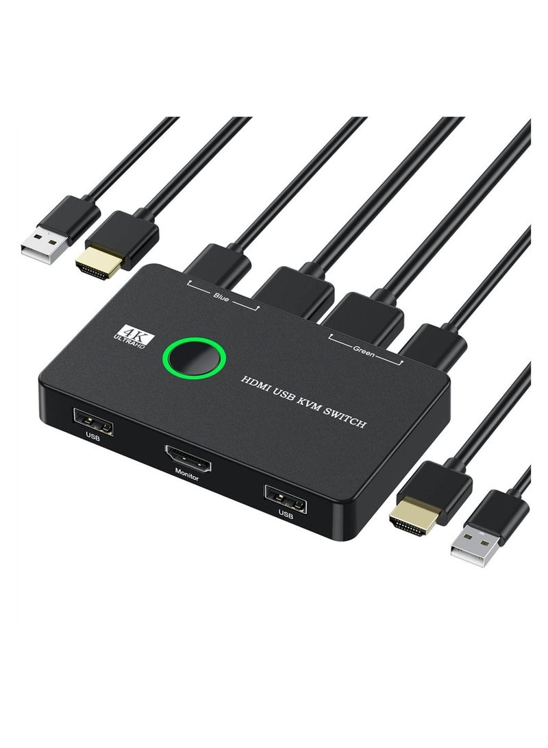KVM Switch, KVM Switch 1 Monitors 2 Computers, KVM Switches HDMI for 2 Computers Share 1 Monitor, Supports 4K @60 Hz, 2 HDMI Cables and 2 USB Cables Included