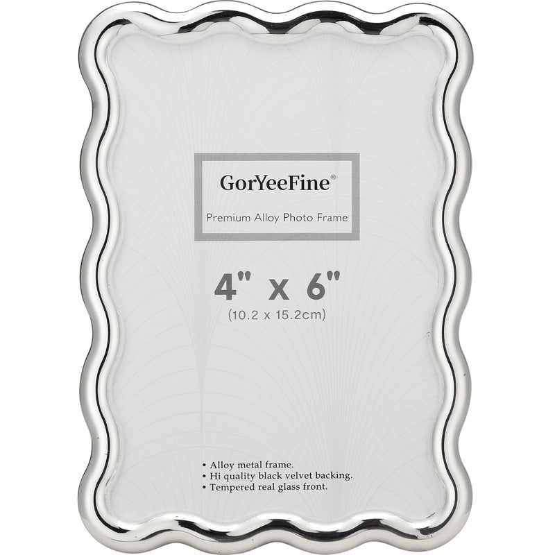 GorYeeFine 4x6'' Silver Heavy Duty Photo Frame,Wave Design High-End Zinc Alloy Picture Frames 6x4'',Fashionable Style frame with Velvet Back for Desktop and Wall Hanging. - Image 1