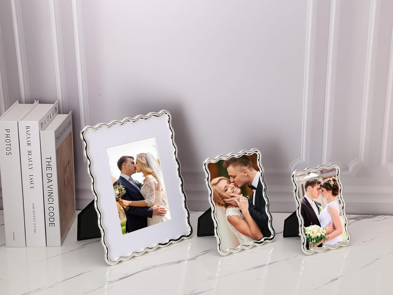 GorYeeFine 4x6'' Silver Heavy Duty Photo Frame,Wave Design High-End Zinc Alloy Picture Frames 6x4'',Fashionable Style frame with Velvet Back for Desktop and Wall Hanging. - Image 3