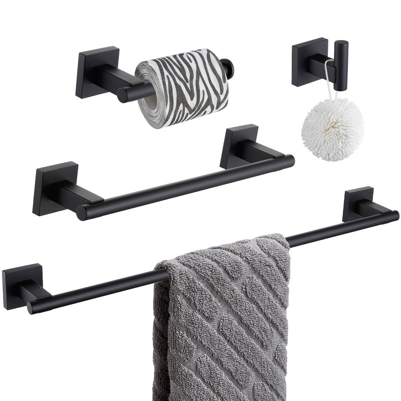 Suyar Suyar Matte Black Bathroom Hardware Set SUS 304 Stainless Steel Bath Accessories Kit 4 PCS Include Robe Hook Toilet Paper Holder Hand Towel Holder Towel Bar Wall Mounted 