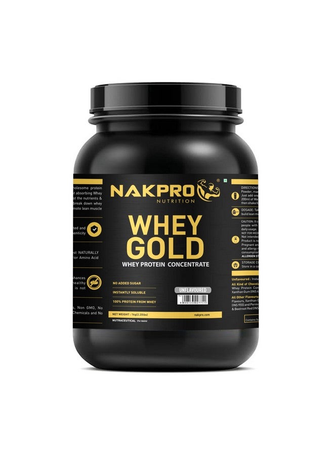 NAKPRO Gold Whey Protein Concentrate 80%, 1kg Unflavoured, Jar | 28g Protein, 6.2g BCAA | Trustified Certified 100% Authentic Supplement Powder & No Adulteration | Fast Absorbing Whey Protein Powder - Image 1